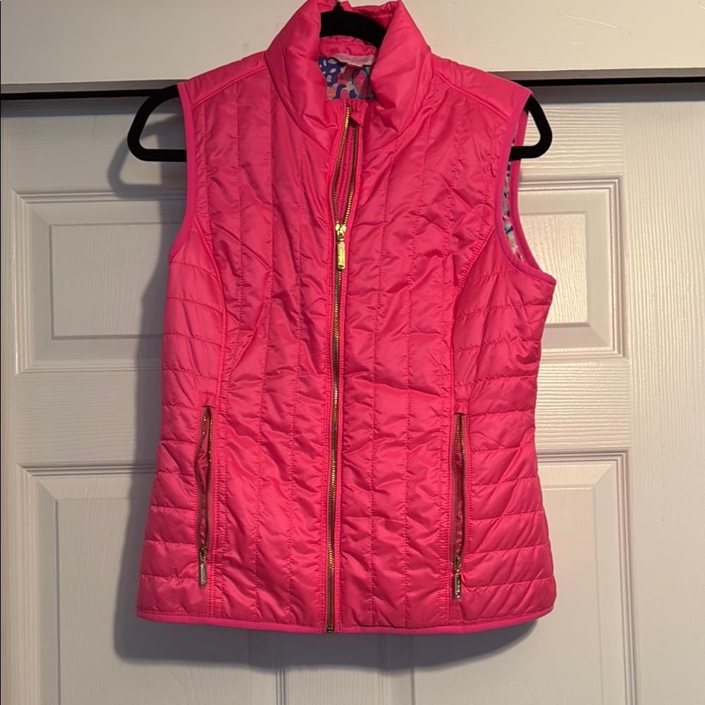 Lilly Pulitzer Pink Quilted Vest with Stand-Up Collar